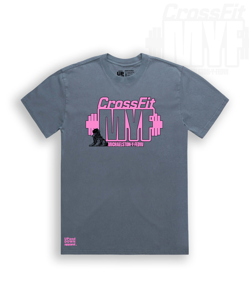 Blue t-shirt with CrossFit MYF logo and Pink text