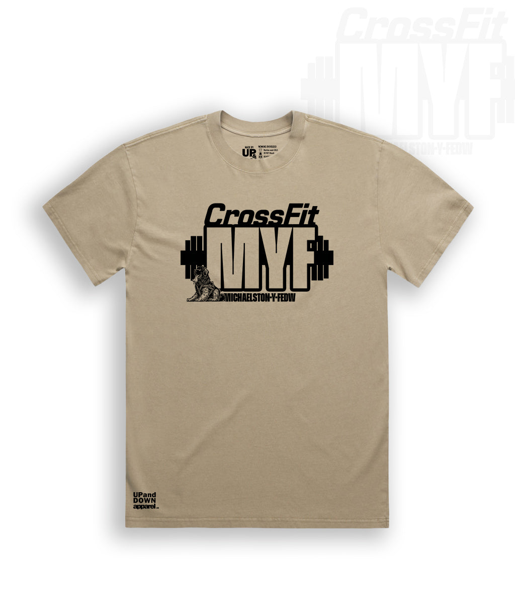 Khaki t-shirt with CrossFit MYF logo and Black text