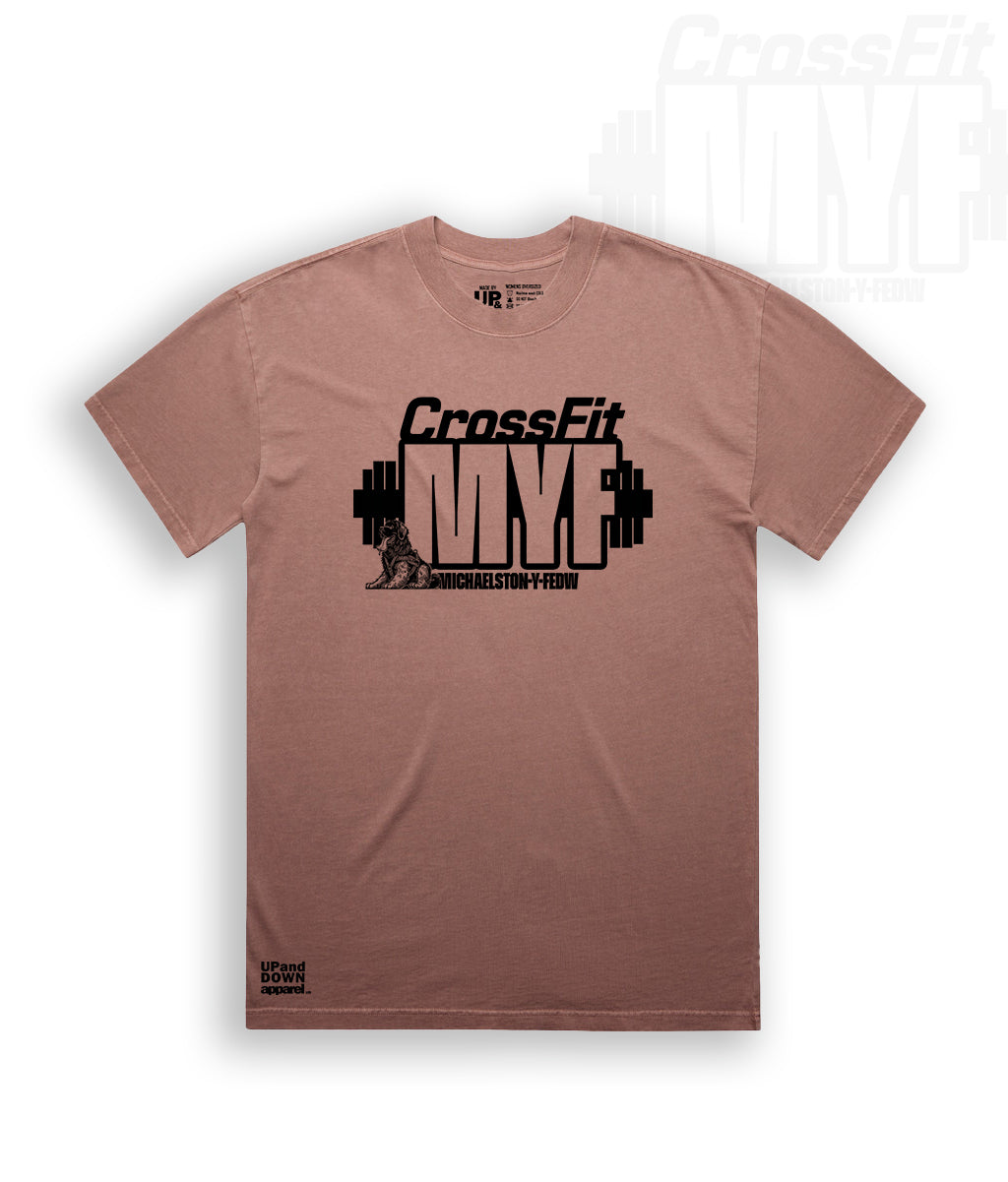 Faded Pink t-shirt with CrossFit MYF logo and Black text