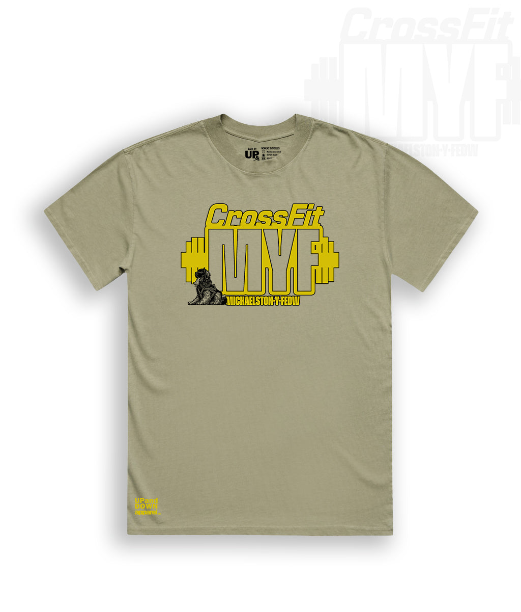 Eucalyptus t-shirt with CrossFit MYF logo and Gold text