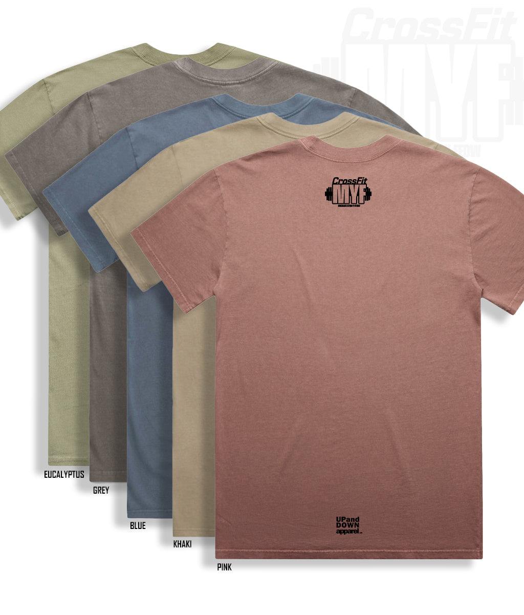 Four t-shirts in different colors with a brand logo at the neck for MYF. These are all the back view of the Mens Heavy oversized tees.
