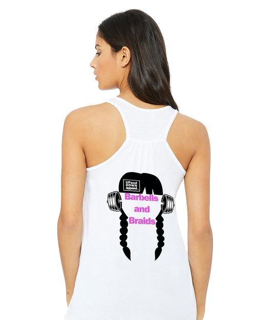 Barbells and Braids Flowy Racer Back Tank - Logo Front