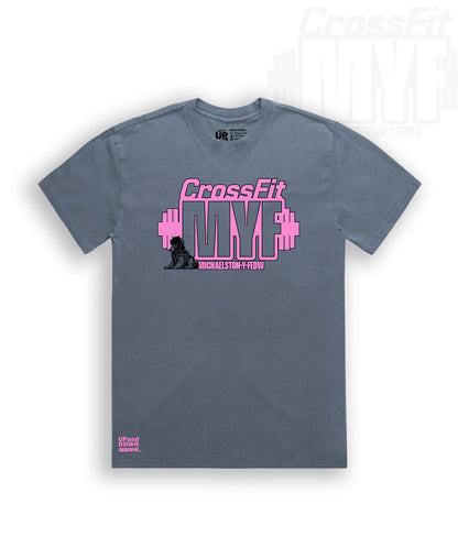 Blue t-shirt with CrossFit MYF logo and Pink text 