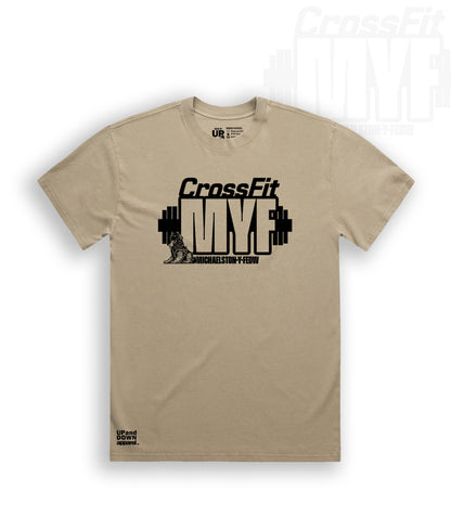 Khaki t-shirt with CrossFit MYF logo and Black text