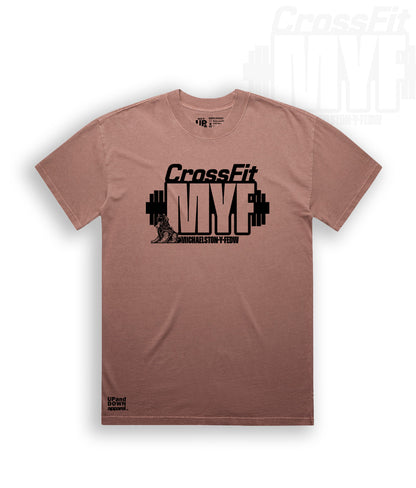 Faded Pink t-shirt with CrossFit MYF logo and Black text 