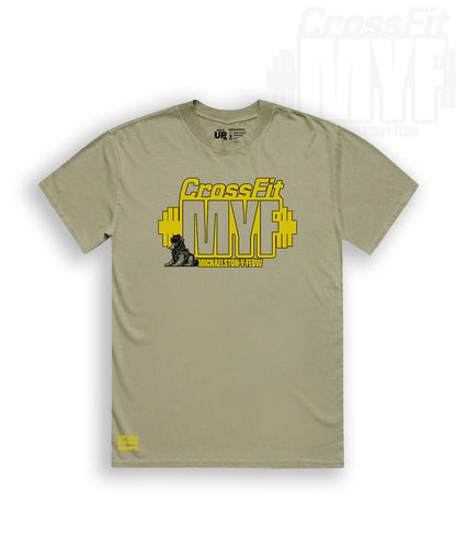Eucalyptus t-shirt with CrossFit MYF logo and Gold text 