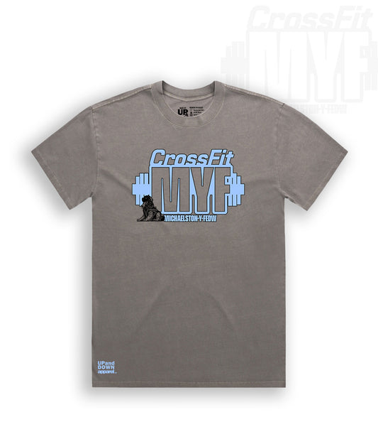 Gray t-shirt with CrossFit MYF logo and Blue text 